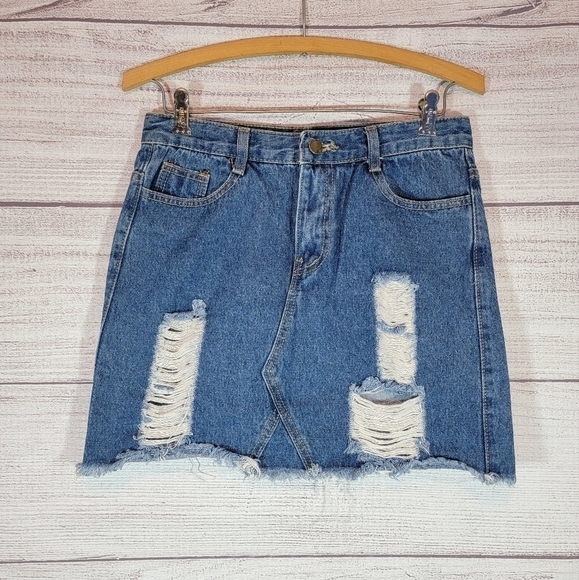 DENIM Distressed Mini Raw Hem Skirt Blue - Picture 1 of 3